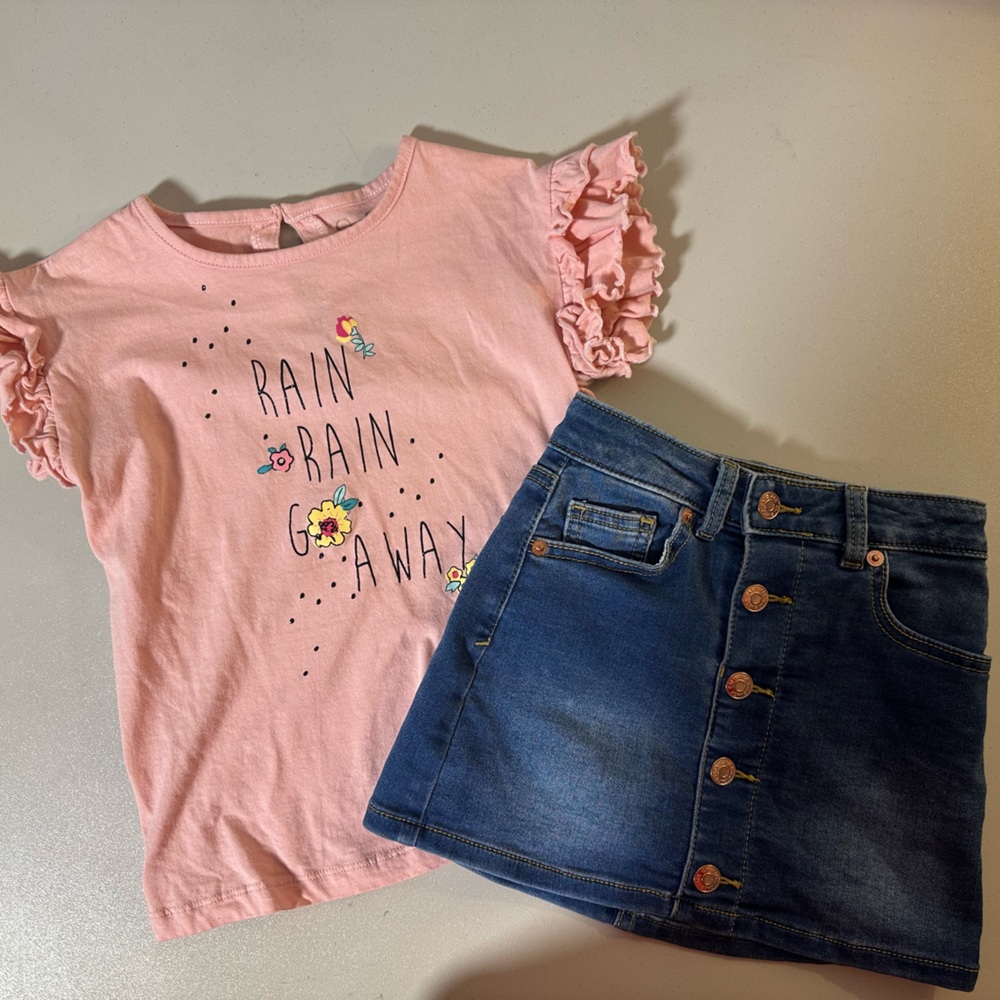 Both items! Peach Kids Shirt with Ruffle Sleeves and Denim Skirt